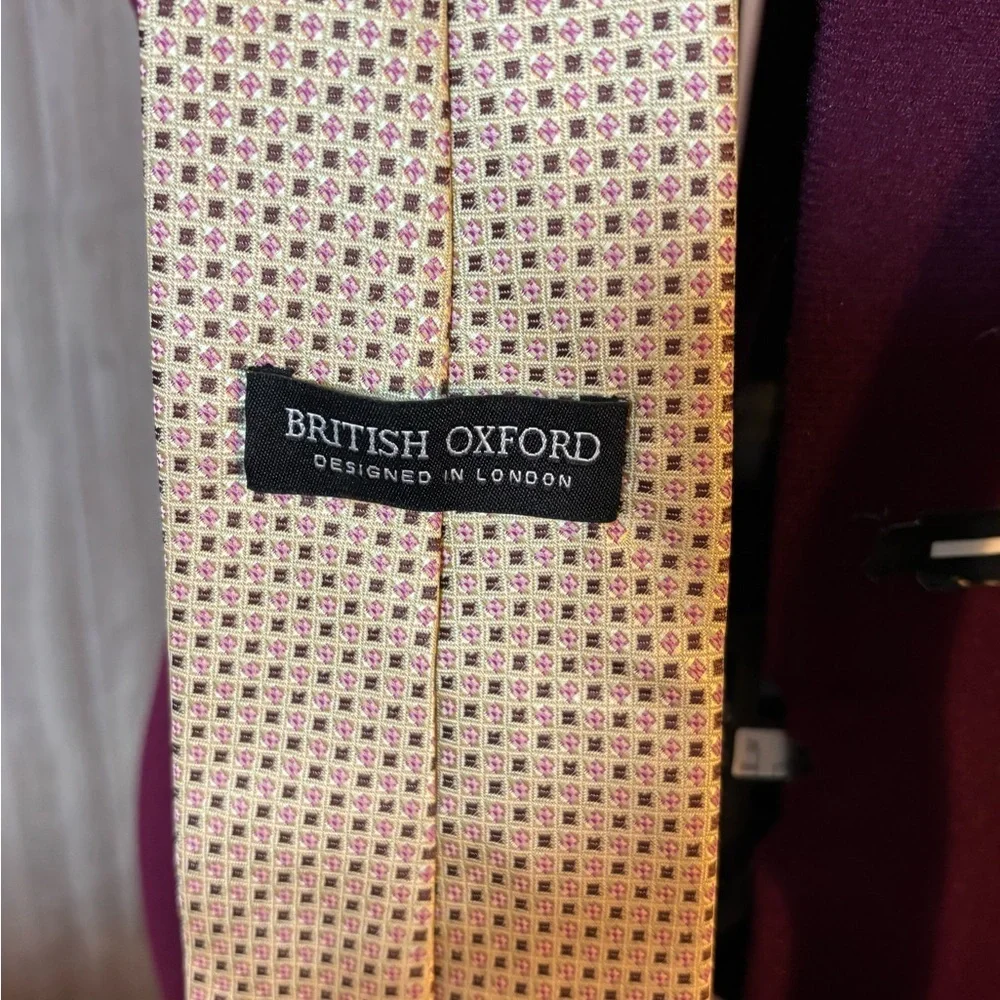 British Oxford Silk Classic Beige and Pink Patterned Men's Tie Made in London